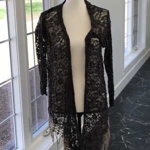 Gray with tan Fringe Lace Long Sleeve Cardigan
